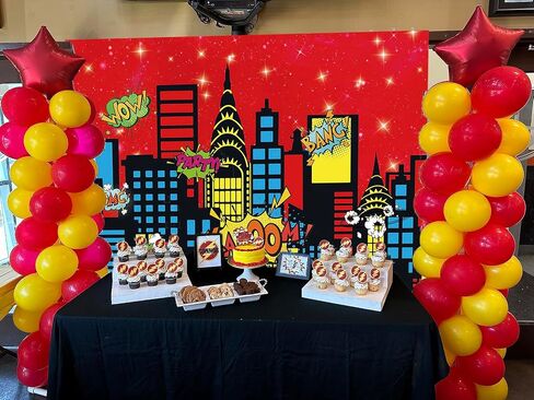 Superhero City Backdrop City Boom Skyscrapers Photography Decoration for Kids Skyline Night Starlit Banner Children Party Decoration,Red(7×5FT) in Saudi Arabia