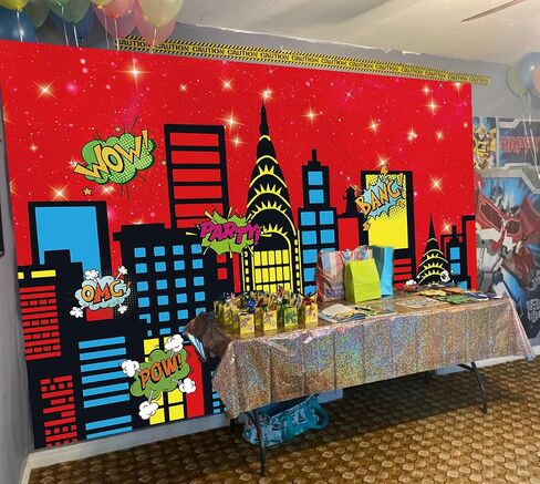Superhero City Backdrop City Boom Skyscrapers Photography Decoration for Kids Skyline Night Starlit Banner Children Party Decoration,Red(7×5FT) in Saudi Arabia