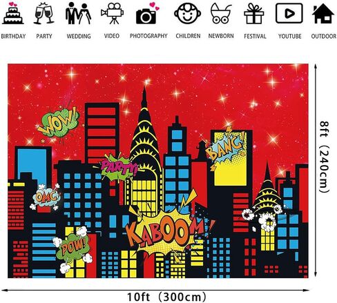 Superhero City Backdrop City Boom Skyscrapers Photography Decoration for Kids Skyline Night Starlit Banner Children Party Decoration,Red(7×5FT) in Saudi Arabia