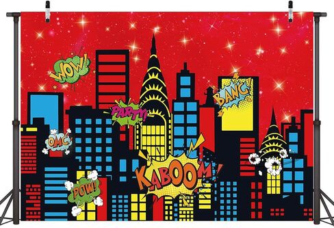 Superhero City Backdrop City Boom Skyscrapers Photography Decoration for Kids Skyline Night Starlit Banner Children Party Decoration,Red(7×5FT) in Saudi Arabia