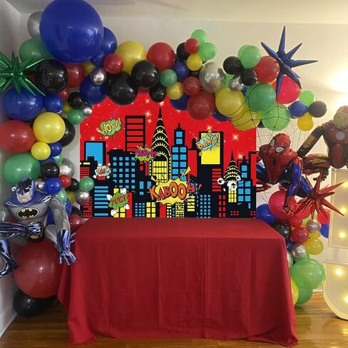 Superhero City Backdrop City Boom Skyscrapers Photography Decoration for Kids Skyline Night Starlit Banner Children Party Decoration,Red(7×5FT) in Saudi Arabia