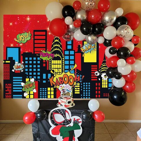 Superhero City Backdrop City Boom Skyscrapers Photography Decoration for Kids Skyline Night Starlit Banner Children Party Decoration,Red(7×5FT) in Saudi Arabia