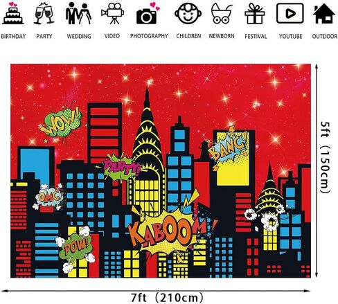 Superhero City Backdrop City Boom Skyscrapers Photography Decoration for Kids Skyline Night Starlit Banner Children Party Decoration,Red(7×5FT) in Saudi Arabia