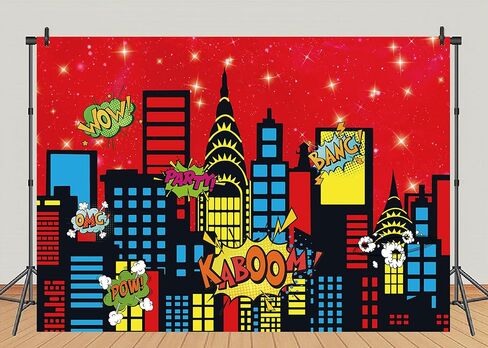Superhero City Backdrop City Boom Skyscrapers Photography Decoration for Kids Skyline Night Starlit Banner Children Party Decoration,Red(7×5FT) in Saudi Arabia