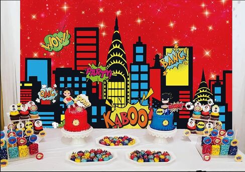 Superhero City Backdrop City Boom Skyscrapers Photography Decoration for Kids Skyline Night Starlit Banner Children Party Decoration,Red(7×5FT) in Saudi Arabia