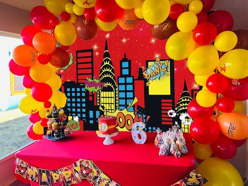 Superhero City Backdrop City Boom Skyscrapers Photography Decoration for Kids Skyline Night Starlit Banner Children Party Decoration,Red(7×5FT) in Saudi Arabia