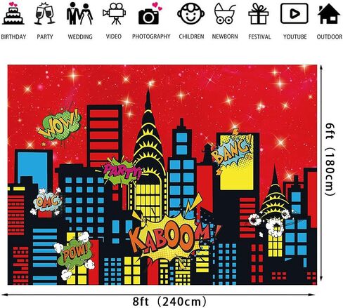 Superhero City Backdrop City Boom Skyscrapers Photography Decoration for Kids Skyline Night Starlit Banner Children Party Decoration,Red(7×5FT) in Saudi Arabia