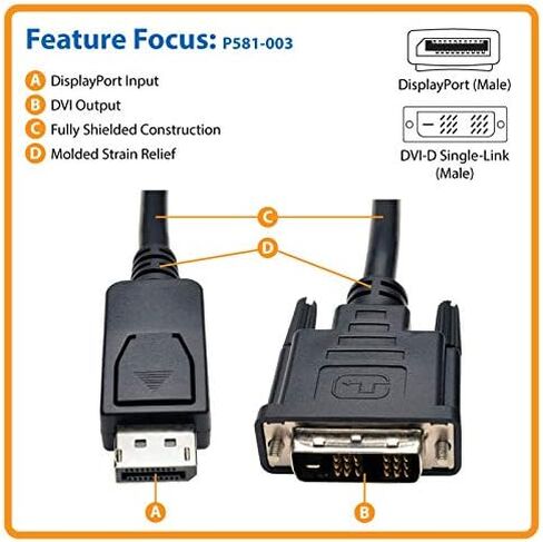 كابل محول Tripp Lite DisplayPort إلى DVI-D DP مع مزلاج، M/M 1080p @ 60 هرتز 3ft 3' (P581-003)، أسود in Saudi Arabia