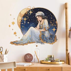 Lovely White Nightgown Girl Wall Stickers, sacinora Gorgeous Moon Star Eastern Style Art Wall Decals Removable Vinyl Peel and Stick for Kids Baby Nursery Living Room Bedroom Toddler Room Home Decor