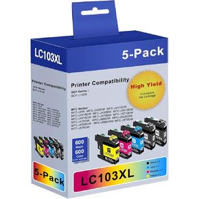 LC103 LC103XL High Yield Ink Cartridges Replacement for Brother LC103XL LC101 Work with MFC-J870DW MFC-J6920DW MFC-J6520DW MFC-J450DW MFC-J470DW (2 Black, 1 Cyan, 1 Magenta, 1 Yellow, 5 XL Pack)