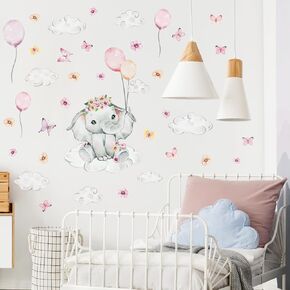 Cute Nursery Pink Elephant Wall Decals，Watercolor Pink Elephant Wall Stickers，Watercolor Pink Balloon Wall Sticker, White Cloud Wall Sticker, Pink Flower Wall Decoration，Kid Toddler Crib Bedroom Play