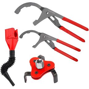 4Pcs Oil Filter Pliers Set, 3 Jaw oil filter Wrench with Flexible Plastic Funnel For Automotive Oil Change, Adjustable Oil Filter Removal Tool From 1-3/4" to 6" (Black)