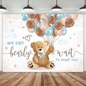Imirell We Can Bearly Wait Backdrop 10Wx8H Feet Bear Baby Shower for Boys Cute Cartoon Brown Blue Balloons Clouds Gold Dots Vinyl Newborn Photography Backgrounds Photo Shoot Decor Props Decoration