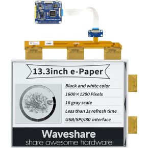 waveshare 13.3inch E-Paper E-Ink Display HAT Compatible with Raspberry Pi4B/3B+/3B/2B/B+/A+/Zero/Zero W/WH/Zero 2W 1600×1200 Pixels Black/White 2-16 Grey Scales USB/SPI/I80 Supports Partial Refresh