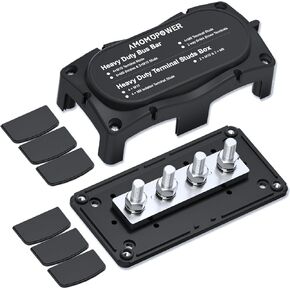 Ambuker 300A 12-48V DC Busbar 12v Power Distribution Block Busbar Box with 4 X M8 (5/16 ") Terminals Studs Suitable for Automotive RV Marine Trucks(Black&Red）