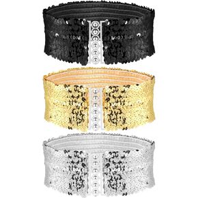3PCS Women‘s Elastic Sequin Belts Wide Waist Belts for Women Glitter Dress Belts Waistband Cinch Belts Cheerleader Stretch Waistbelts for Women Girls 70s 80s Costume Party, Pink Gold Silver