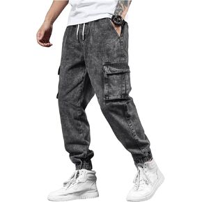 Verdusa Men's Elastic Waist Drawstring Denim Cargo Pants Joggers with Pockets