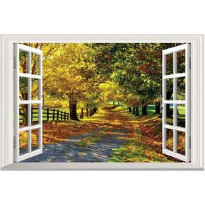 Fake Faux Window View Tranquil Alley Autumn Wall Stickers Living Room Bedroom Nursery Wall Decals Removable Self Adhesive 3D Vinyl Home Decoration (23 inches x 15 inches)