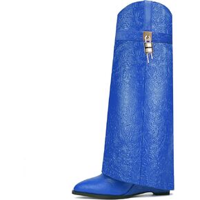 Fold Over Knee High Boots for Women Pointy Pull-on Wide-calf Wedge Heel Boot With Side Zipper Padlock Design