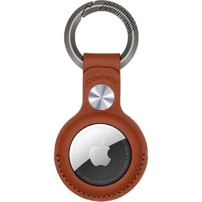 Genuine Leather AirTag Holder for Apple Airtag, GinKouHa Air Tag Holder with Titanium Alloy Keychain, Protective Airtag Case Cover Accessories for Pet Tracking, Bags, Kids, Keys, Luggage (Brown)