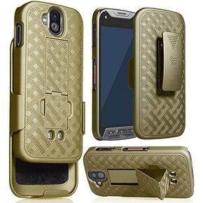 Nakedcellphone Case with Clip compatible with Kyocera Duraforce Pro Phone, [Black Tread] Slim Ribbed Kickstand Cover and [Rotating/Ratchet] Belt Hip Holster Combo for E6810, E6820, E6830, E6833, E6800