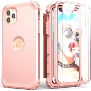 IDweel for iPhone 11 Pro Max Case with Tempered Glass Screen Protector,Hybrid 3 in 1 Shockproof Slim Fit Heavy Duty Protection Hard PC Cover Soft Silicone Bumper Full Body Case, Rose Gold