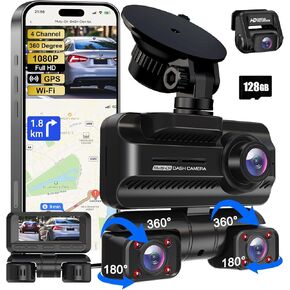 Dash Cam 4 Channel 360 Camera for Car, Front Rear Inside DashCam, 4K Full HD Dashcam Car Camera, Wi-Fi and GPS Dashcams, 3.18" IPS Screen, WDR Night Vision, 24H Parking Mode, Free 128GB Card
