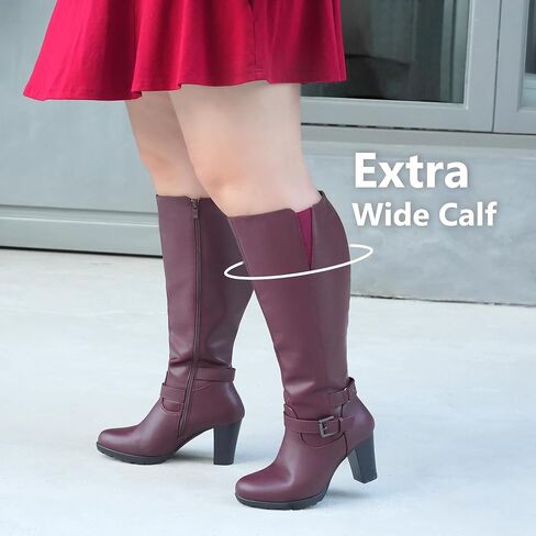 Women's Plus Size Extra Wide Calf High Heel Dress Boots with Ankle Buckle in Saudi Arabia