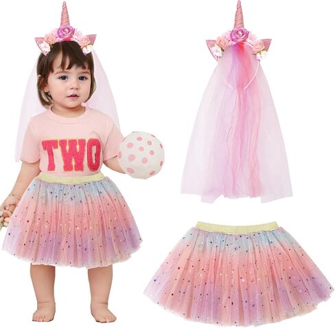 BBGifts Baby Girls Layered Tutu Skirt Pink Rainbow Sparkling Sequin Tulle Skirt for Little Girls Dress Up with Pink Unicorn Tutu Headband, for 2-6 Year in Saudi Arabia