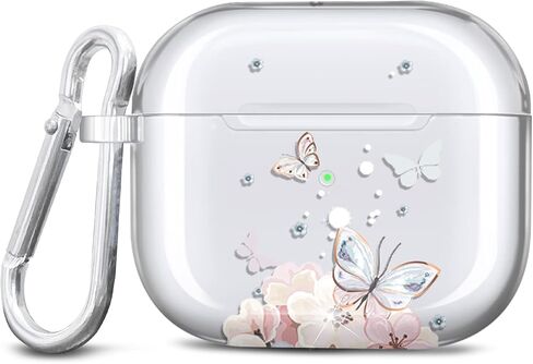 حافظة JAHOLAN AirPods 3، حافظة شفافة على شكل فراشة، غطاء حماية ناعم ومقاوم للصدمات مع سلسلة مفاتيح للنساء والفتيات متوافقة مع حافظة الشحن اللاسلكي AirPods الجيل الثالث - زهرة الفراشة الوردية in Saudi Arabia