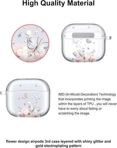 حافظة JAHOLAN AirPods 3، حافظة شفافة على شكل فراشة، غطاء حماية ناعم ومقاوم للصدمات مع سلسلة مفاتيح للنساء والفتيات متوافقة مع حافظة الشحن اللاسلكي AirPods الجيل الثالث - زهرة الفراشة الوردية in Saudi Arabia