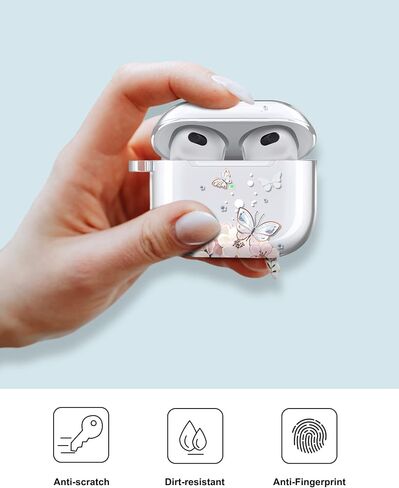 حافظة JAHOLAN AirPods 3، حافظة شفافة على شكل فراشة، غطاء حماية ناعم ومقاوم للصدمات مع سلسلة مفاتيح للنساء والفتيات متوافقة مع حافظة الشحن اللاسلكي AirPods الجيل الثالث - زهرة الفراشة الوردية in Saudi Arabia