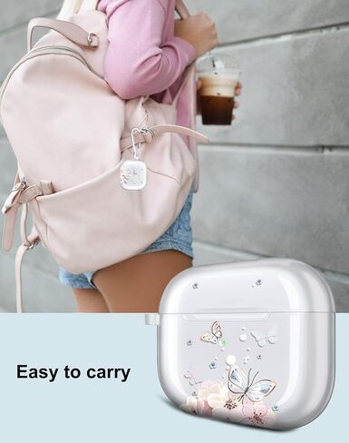 حافظة JAHOLAN AirPods 3، حافظة شفافة على شكل فراشة، غطاء حماية ناعم ومقاوم للصدمات مع سلسلة مفاتيح للنساء والفتيات متوافقة مع حافظة الشحن اللاسلكي AirPods الجيل الثالث - زهرة الفراشة الوردية in Saudi Arabia