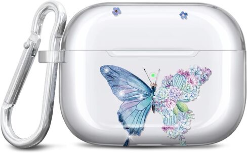 حافظة JAHOLAN AirPods 3، حافظة شفافة على شكل فراشة، غطاء حماية ناعم ومقاوم للصدمات مع سلسلة مفاتيح للنساء والفتيات متوافقة مع حافظة الشحن اللاسلكي AirPods الجيل الثالث - زهرة الفراشة الوردية in Saudi Arabia