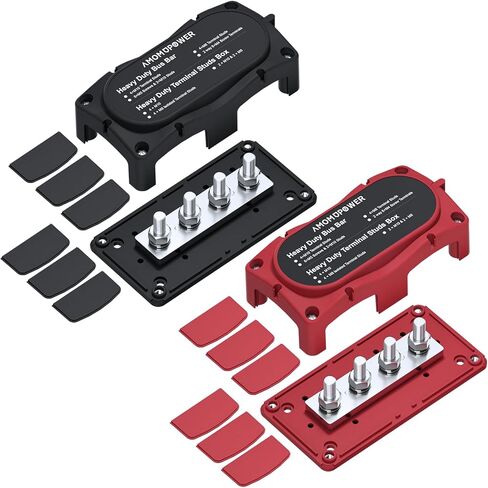 2Pcs 300A Busbar 12-48V DC Heavy Duty Copper Power Distribution Block 4 X M8 (5/16") Terminals Studs 8 Srews with Waterproof Cover Battery Bus Bar for Automotive RV Marine Truck(Black&Red) in Saudi Arabia