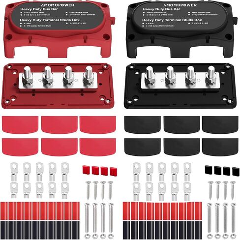 2Pcs 300A Busbar 12-48V DC Heavy Duty Copper Power Distribution Block 4 X M8 (5/16") Terminals Studs 8 Srews with Waterproof Cover Battery Bus Bar for Automotive RV Marine Truck(Black&Red) in Saudi Arabia