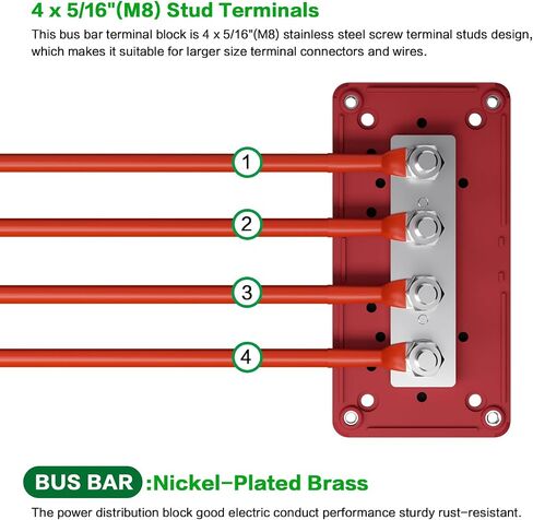 2Pcs 300A Busbar 12-48V DC Heavy Duty Copper Power Distribution Block 4 X M8 (5/16") Terminals Studs 8 Srews with Waterproof Cover Battery Bus Bar for Automotive RV Marine Truck(Black&Red) in Saudi Arabia