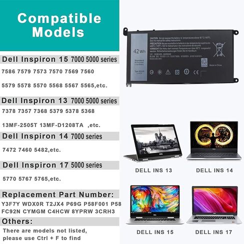 WDXOR 42Wh بطارية الكمبيوتر المحمول استبدال لديل انسبايرون 15 5565 5567 5568 5570 5578 7560 7570 7569 7579 13 7368 7378 7375 5368 5378 5379 17 3785 5765 5767 5770 3CRH3 T2JX4 FC92N in Kuwait