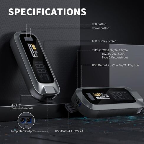 بطارية السيارة، بادئ تشغيل متنقل UIBI 1500A لصندوق وصل السيارة، حزمة بطارية بادئ تشغيل 12 فولت (ما يصل إلى 7.0 لتر غاز و5.5 لتر ديزل) مع شاشة LCD أكبر 2 بوصة، ضوء 3 في 1 in Kuwait