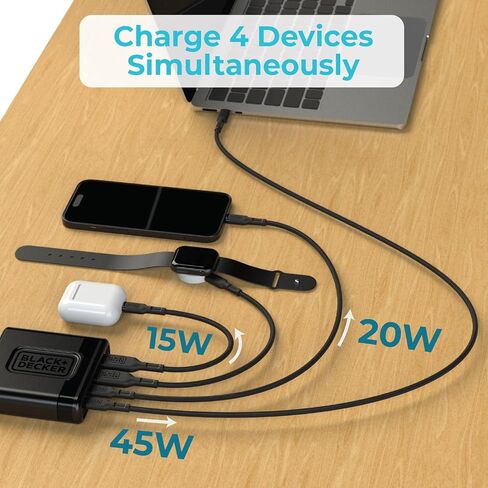 BLACK+DECKER USB C Fast Charger 65W 4 Port Type USB C Charging Station Hub Block Type C Wall Charger Power Strip Adapter Plug 2 USB C 2 USB for iPad iPhone 15 14 13 12 Pro Max Pixel Note Galaxy in Saudi Arabia