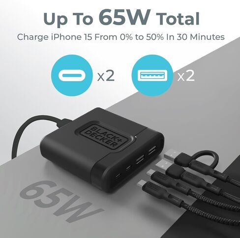 BLACK+DECKER USB C Fast Charger 65W 4 Port Type USB C Charging Station Hub Block Type C Wall Charger Power Strip Adapter Plug 2 USB C 2 USB for iPad iPhone 15 14 13 12 Pro Max Pixel Note Galaxy in Saudi Arabia