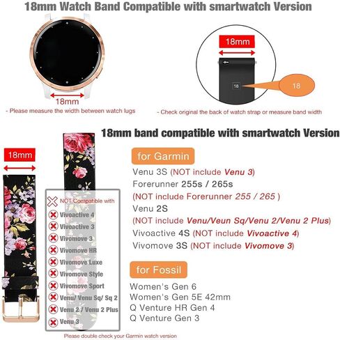 Abanen 18mm Leather Watch Bands for Garmin Vivoactive 4S / Venu 2S / Venu 3S / Vivomove 3S, Floral Printing Quick Release Women Wristband Strap with Rose-Gold Clasp for Forerunner 255s/265s in Saudi Arabia