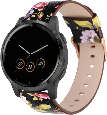Abanen 18mm Leather Watch Bands for Garmin Vivoactive 4S / Venu 2S / Venu 3S / Vivomove 3S, Floral Printing Quick Release Women Wristband Strap with Rose-Gold Clasp for Forerunner 255s/265s in Saudi Arabia