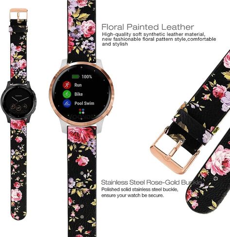 Abanen 18mm Leather Watch Bands for Garmin Vivoactive 4S / Venu 2S / Venu 3S / Vivomove 3S, Floral Printing Quick Release Women Wristband Strap with Rose-Gold Clasp for Forerunner 255s/265s in Saudi Arabia