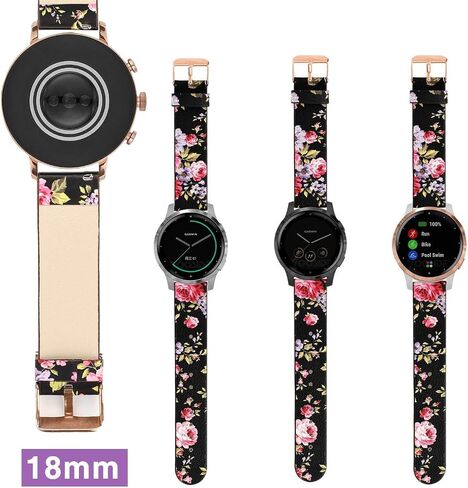 Abanen 18mm Leather Watch Bands for Garmin Vivoactive 4S / Venu 2S / Venu 3S / Vivomove 3S, Floral Printing Quick Release Women Wristband Strap with Rose-Gold Clasp for Forerunner 255s/265s in Saudi Arabia