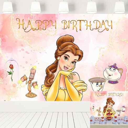 Princess Belle Birthday Backdrop Decorations Glitter Rose Gold Photo Background Vintage Banner for Cake Table Girls Party Supplies 5x3 ft 510 in Saudi Arabia