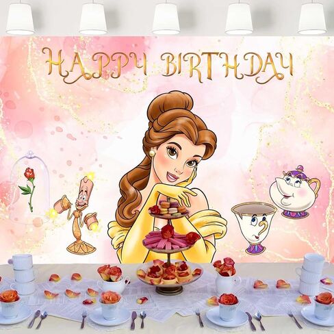 Princess Belle Birthday Backdrop Decorations Glitter Rose Gold Photo Background Vintage Banner for Cake Table Girls Party Supplies 5x3 ft 510 in Saudi Arabia