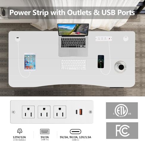 Farexon 55 × 24 بوصة مكتب قائم كهربائي قابل للتعديل مع محطة شحن، مكتب واقف مع لوحة ماوس كبيرة الحجم، محطة عمل منحنية مريحة، 4 عجلات، 4 ارتفاعات محددة مسبقًا سهلة الضبط in Kuwait