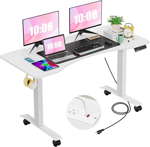 Farexon 55 × 24 بوصة مكتب قائم كهربائي قابل للتعديل مع محطة شحن، مكتب واقف مع لوحة ماوس كبيرة الحجم، محطة عمل منحنية مريحة، 4 عجلات، 4 ارتفاعات محددة مسبقًا سهلة الضبط in Kuwait