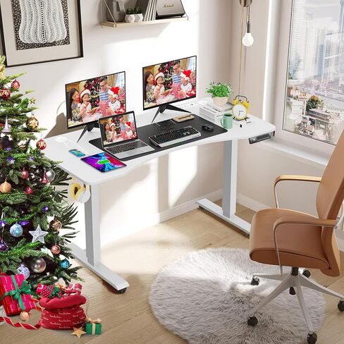 Farexon 55 × 24 بوصة مكتب قائم كهربائي قابل للتعديل مع محطة شحن، مكتب واقف مع لوحة ماوس كبيرة الحجم، محطة عمل منحنية مريحة، 4 عجلات، 4 ارتفاعات محددة مسبقًا سهلة الضبط in Kuwait